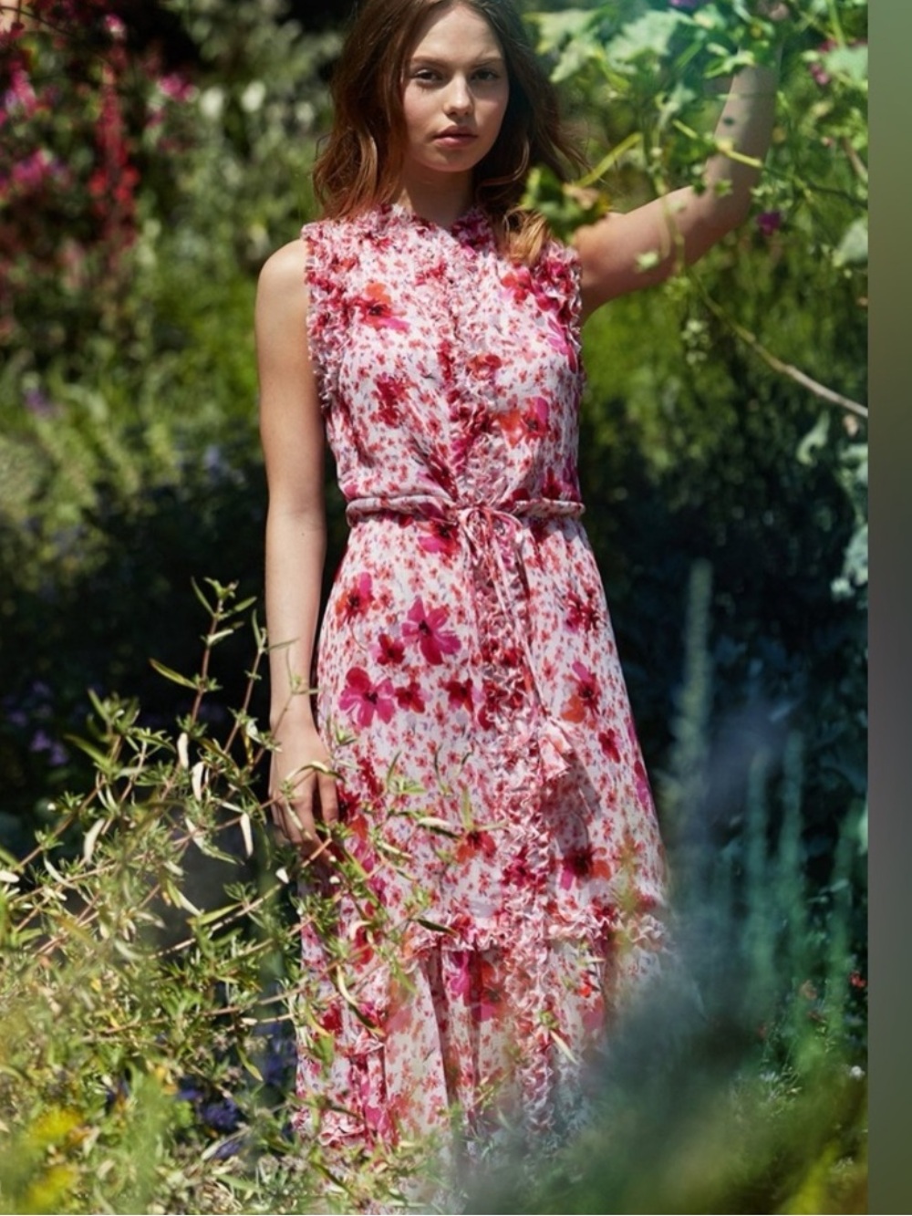 MISA‎ Los Angeles Aurelie Ruffled Midi Dress Pink Gardenia Print Button Down Sm